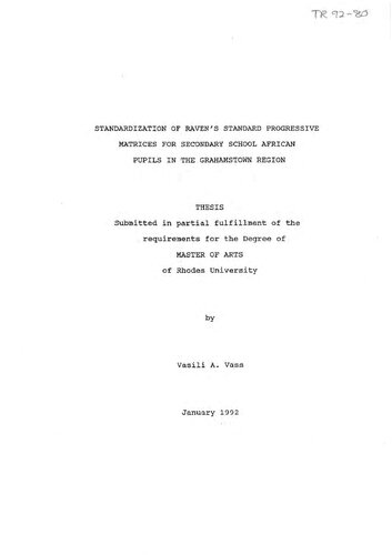 Standardization of Raven's Standard Progressive Matrices for Secondary School African Pupils in the Grahamstown Region