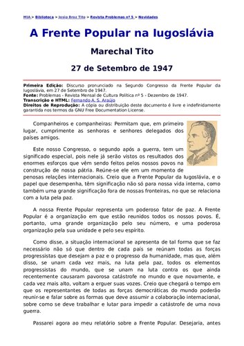 A Frente Popular na Iugoslávia