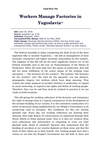 Workers Manage Factories in Yugoslavia