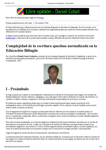 Complejidad de la escritura quechua normalizada en la Educación Bilingüe