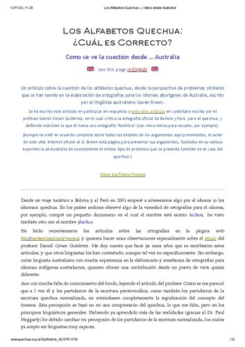 Los alfabetos quechua: ¿cuál es correcto? Como [sic] se ve la cuestión desde... Australia