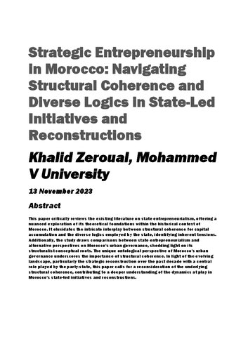 Strategic Entrepreneurship in Morocco Navigating Structural Coherence and Diverse Logics in State-Led Initiatives and Reconstructions