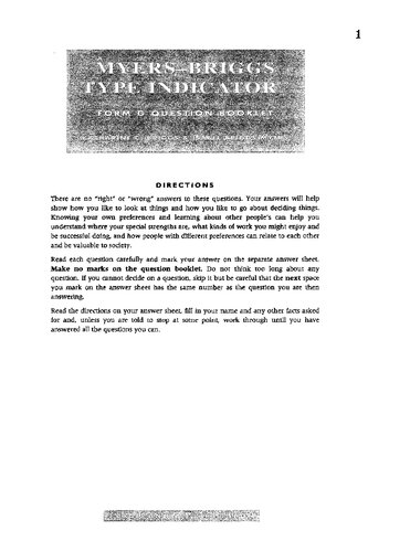 Myers-Briggs Type Indicator: Form G Question Booklet, Answer Sheet; and Negotiation Methodology Notes