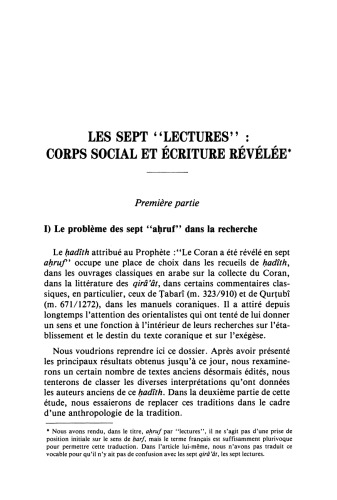 Les sept 'lectures' : corps social et ecriture revelee (premiere partie)