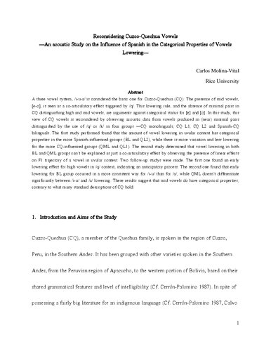 Reconsidering Cuzco-Quechua Vowels —An acoustic Study on the Influence of Spanish in the Categorical Properties of Vowels Lowering—