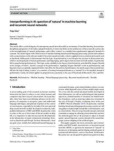 Interperforming in AI: question of ‘natural’ in machine learning and recurrent neural networks