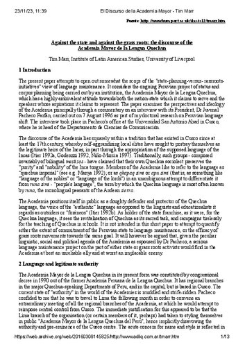 Against the state and against the grass roots: the discourse of the Academia Mayor de la Lengua Quechua