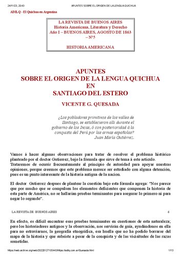 Apuntes sobre el origen de la lengua quichua en Santiago del Estero [1863]