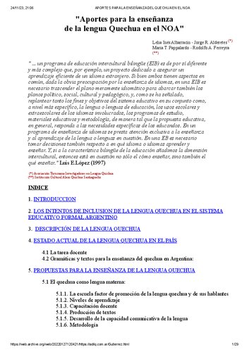Aportes para la enseñanza de la lengua quechua en el nororiente argentino (NOA)