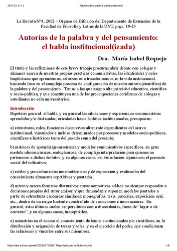 Autorías de la palabra y del pensamiento: el habla institucional(izada)