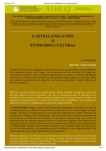 Castellanización o etnocidio cultural. Entrevista a Rodolfo Cerrón-Palomino [1991]