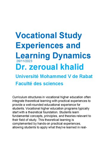 Vocational Study Experiences and Learning Dynamics