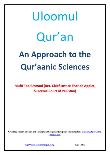 Uloomul Qur'an: An Approach to the Qur'aanic Sciences