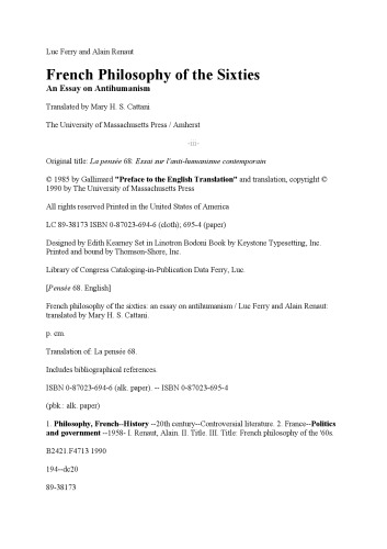 French Philosophy of the Sixties: An Essay on Antihumanism