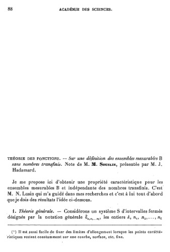 Sur une definition des ensembles mesurables B  sans nombres transfinis