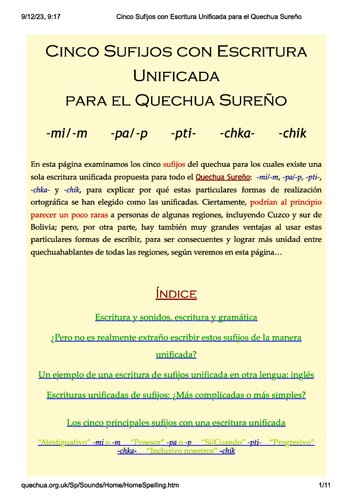 Cinco sufijos con escritura unificada para el quechua sureño -mi/-m, -pa/-pa, -pti-, -chka-, -chik