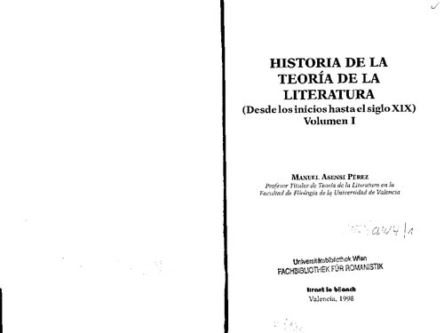 Historia de la teoría de la literatura. Volumen I
