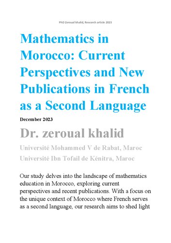 Mathematics in Morocco Current Perspectives and New Publications in French as a Second Language