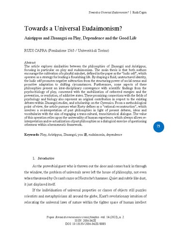 Tropos. Rivista di ermeneutica e critica filosofica  Towards a Universal Eudaimonism ? Aristippus and Zhuangzi on Play, Dependence and the Good Life