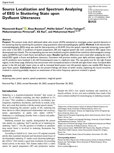 Source Localization and Spectrum Analyzing of EEG in Stuttering State upon Dysfluent Utterances