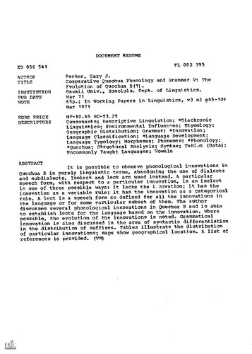 Comparative Quechua phonology and grammar V : The evolution of Quechua B(1)