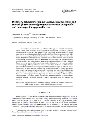 Predatory behaviour of alpine (Ichthyosaura alpestris) and smooth (Lissotriton vulgaris) newts towards conspecific and heterospecific eggs and larvae