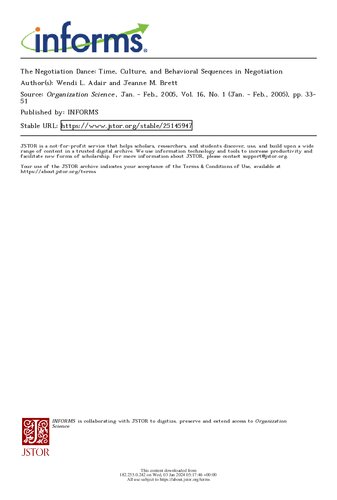 The Negotiation Dance: Time, Culture, and Behavioral Sequences in Negotiation