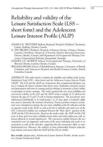 Reliability and validity of the Leisure Satisfaction Scale (LSS – short form) and the Adolescent Leisure Interest Profile (ALIP)
