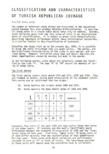 Classification and Characteristics of Turkish Republican Coinage