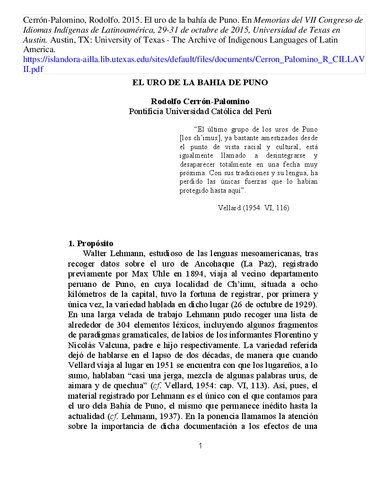 El uro de la bahía de Puno (ts’imu, familia Uru-Chipaya)