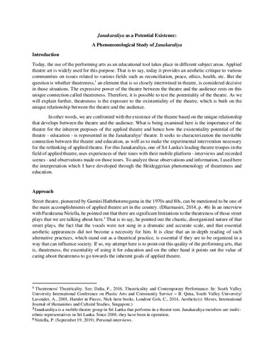 Janakaraliya as a Potential Existence: A Phenomenological Study of Janakaraliya