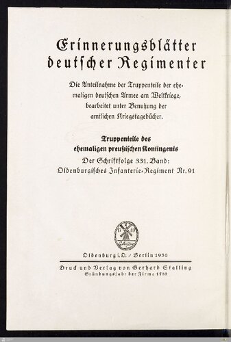 Die Geschichte des Oldenburgischen Infanterie-Regiments Nr. 91