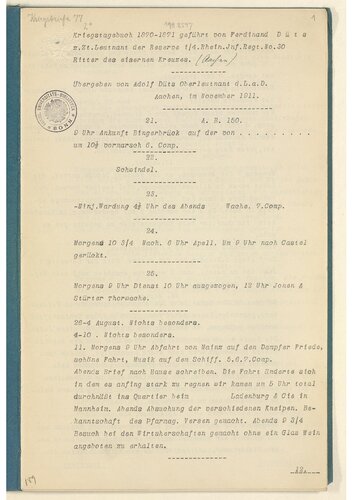 Kriegstagebuch 1870 - 1871 geführt von Ferdinand Düts z. Zt. Leutnant der Reserve im 4. Rhein. Inf. Regt. Nr. 30, Ritter des Eiernen Kreuzes [Aachen]