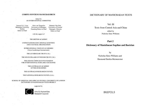 Dictionary of Manichaean Sogdian and Bactrian