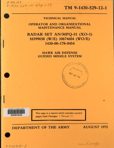 Hawk Air Defense Guided Missile System RADAR Set AN-MPQ-51 Operator and Organizational Maintenance Manual - TM 9-1425-525-12-1