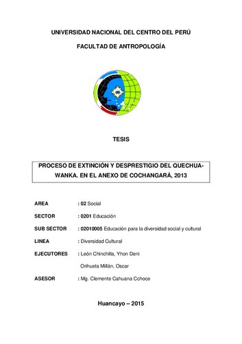 Proceso de extinción y desprestigio del quechua-wanka (huanca) en el anexo de Cochangará (Chupaca, Junín), 2013