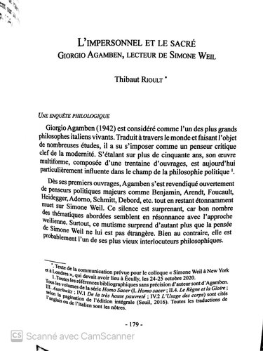 L’impersonnel et le sacré. Giorgio Agamben, lecteur de Simone Weil