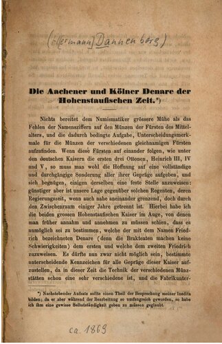 Die Aachener und Kölner Denare der Hohenstaufischen Zeit
