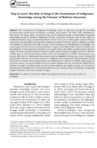 Sing to Learn: The Role of Songs in the Transmission of Indigenous Knowledge among the Tsimane' of Bolivian Amazonia