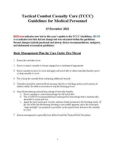 Tactical Combat Casualty Care (TCCC) Guidelines for Medical Personnel - 15 December 2021
