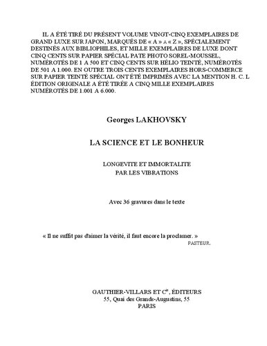 La science et le bonheur. Longévité et immortalité par les vibrations