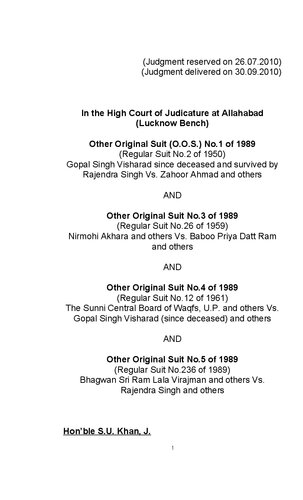 Allahabad High Court Verdict on the Ayodhya Dispute (Ram Temple/Babri Mosque Dispute)
