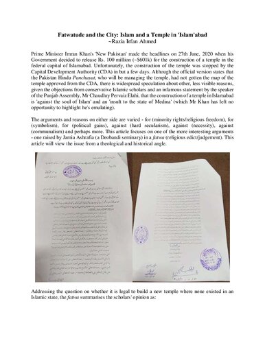 Fatwatude and the City: Islam and a Temple in 'Islam'abad