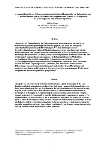 Anwendbare Diäten, Nahrungsergänzungsmittel und Therapeutika zur Behandlung von Candida-verursachten Krankheitsbildern, degenerativen Alterserkrankungen und Erkrankungen aus dem Autismus Spektrum