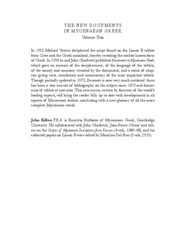 The New Documents in Mycenaean Greek: Selected Tablets, Transcription, Translation, Commentary, Endmatter
