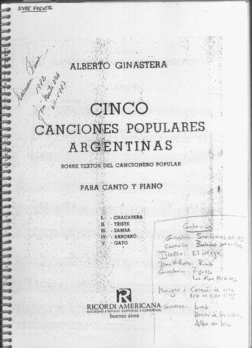 Cinco canciones populares Argentinas, sobre textos del cancionero popular, para canto y piano.