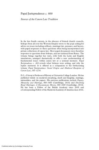 Papal Jurisprudence, c. 400: Sources of the Canon Law Tradition