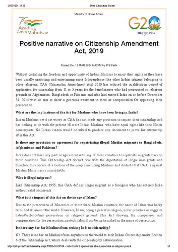Positive Narrative on Citizenship Amendment Act, 2019