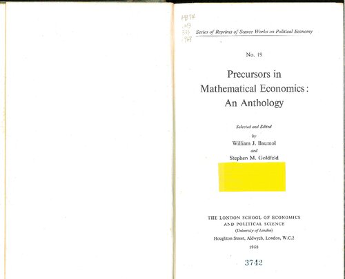 Precursors in Mathematical Economics : An Anthology