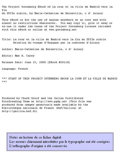 La cour et la ville de Madrid vers la fin du XVIIe siècle